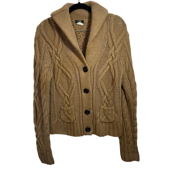 J Crew Handknit Fisherman Cardigan Sweater SZ L Wool Angora Cashmere Cable Knit - Picture 1 of 10